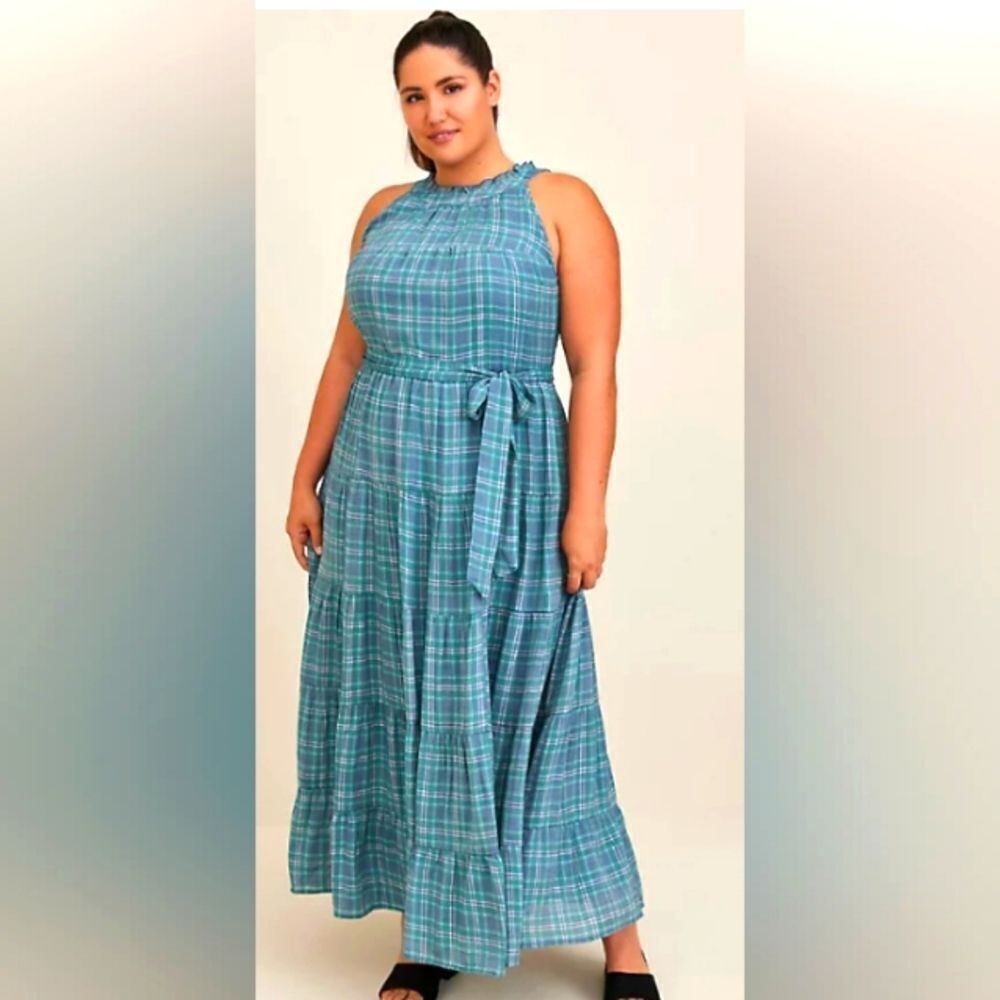 Torrid Maxi Sleeveless Green Plaid Tiered Dress NWT - Perfect for Summer!